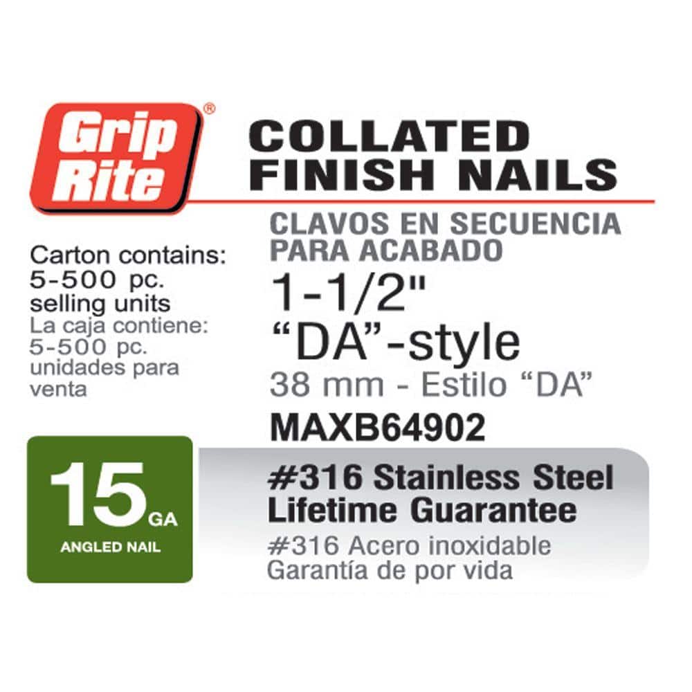 Grip-Rite 1-1/2 in. x 15-Gauge 316 Stainless Steel DA-Style Finish Nails 500 per Box (4)