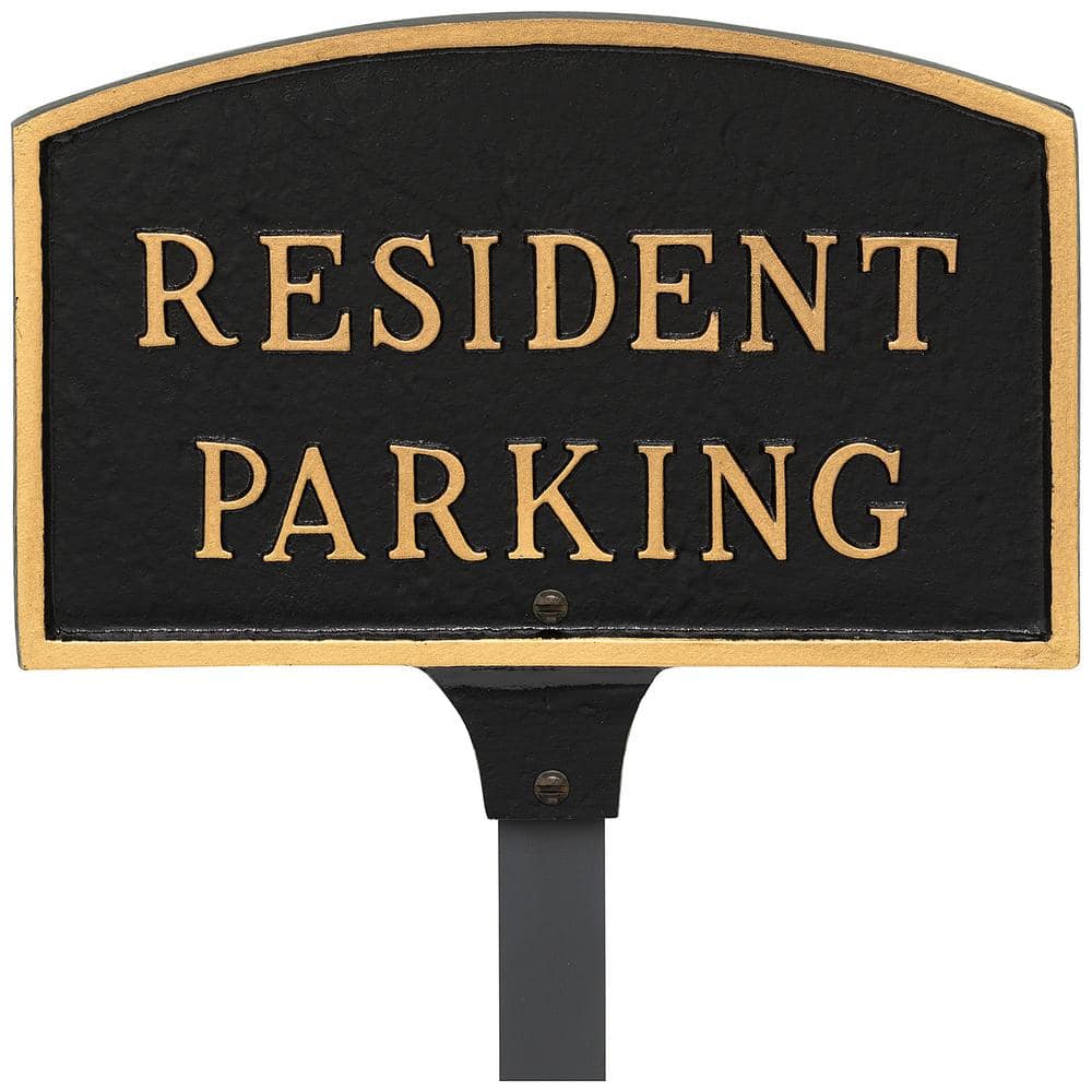 Montague Metal Products 5.5 in. x 9 in. Small Arch Resident Parking Statement Plaque Sign with 23 in. Lawn Stake - Black/Gold (1)