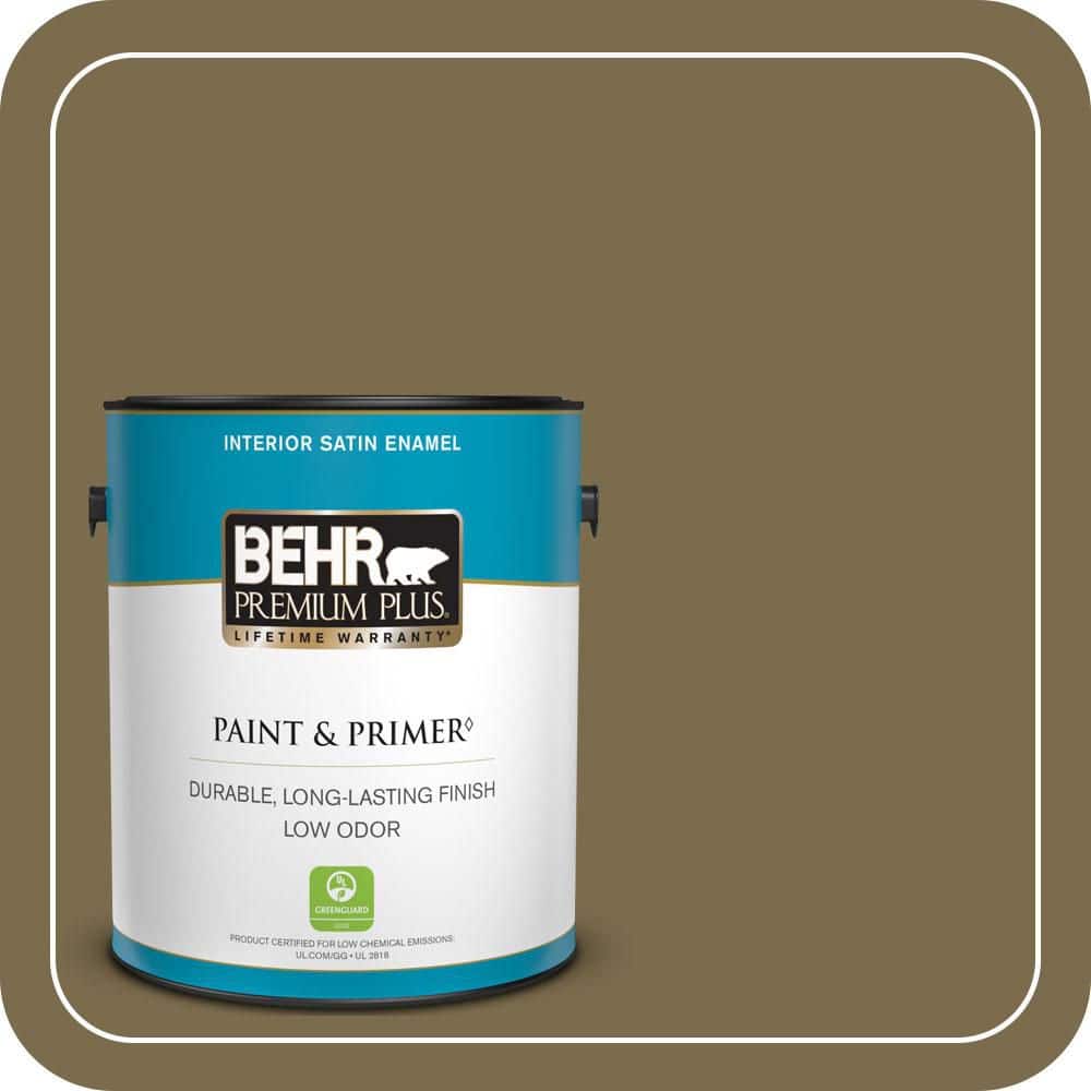BEHR PREMIUM PLUS 1 gal. #PPU8-01 Olive Satin Enamel Low Odor Interior Paint & Primer
