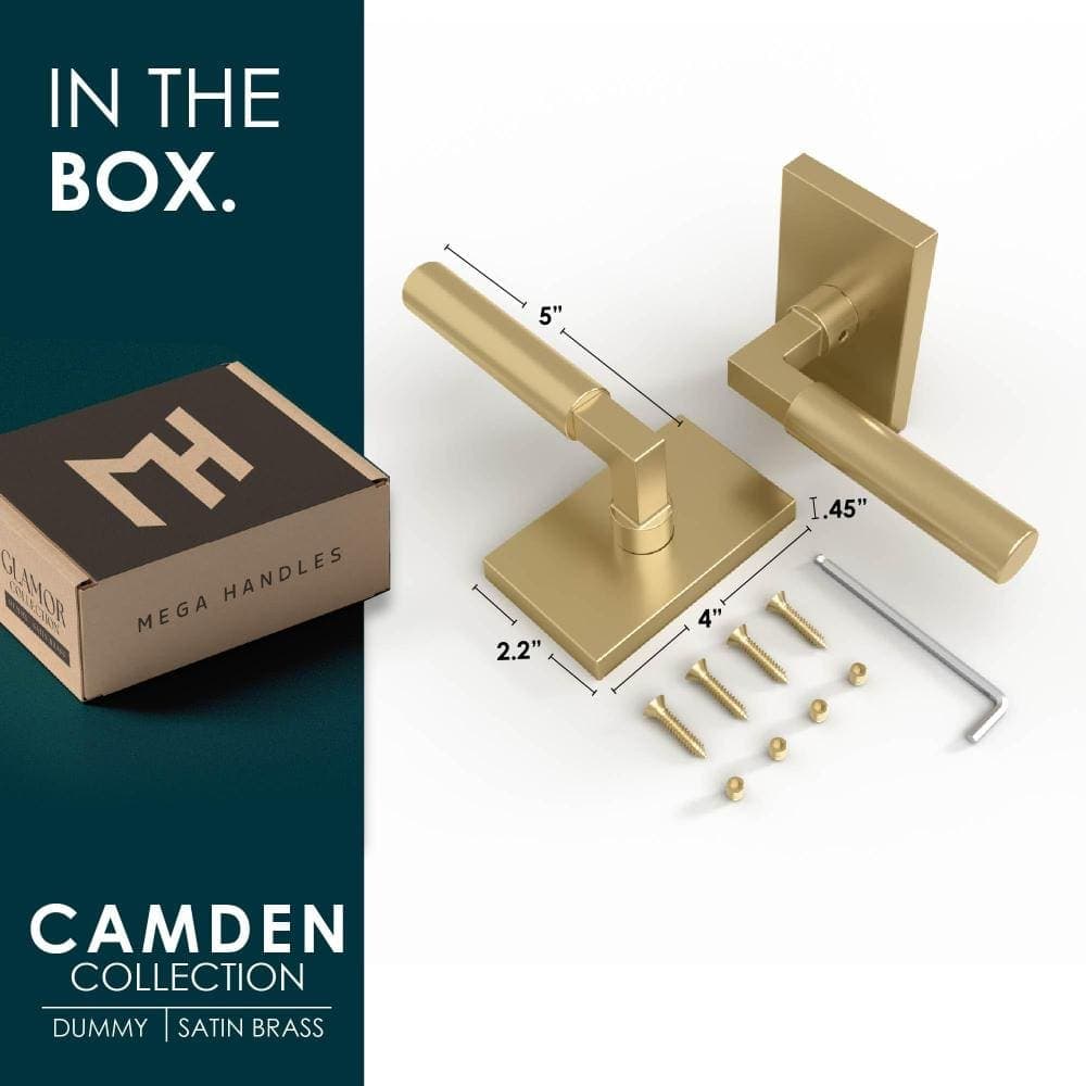 Mega Handles Camden Dummy Door Handles - 2 Pack Non-Turning Door Handle for Hallway, Closet & French Doors - Satin Brass (3)
