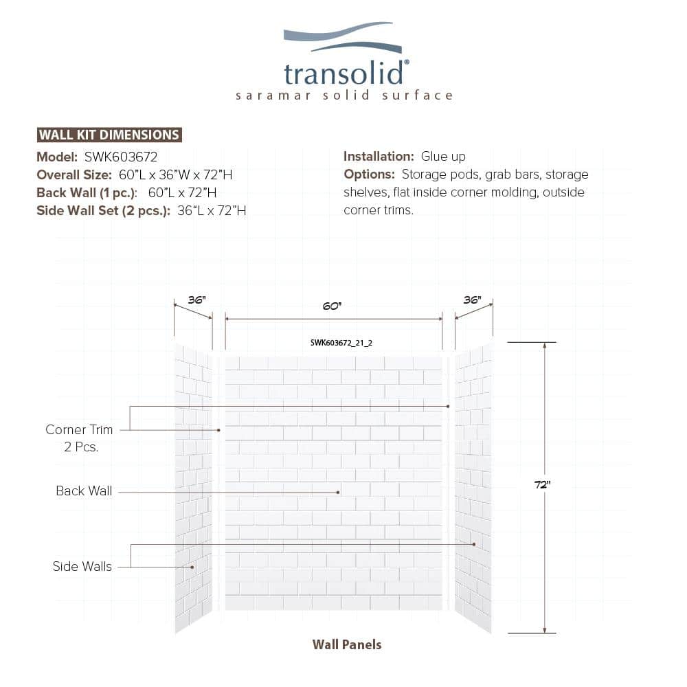 Transolid SaraMar 36 in. x 60 in. x 72 in. 3-Piece Easy Up Adhesive Alcove Shower Wall Surround in White (3)