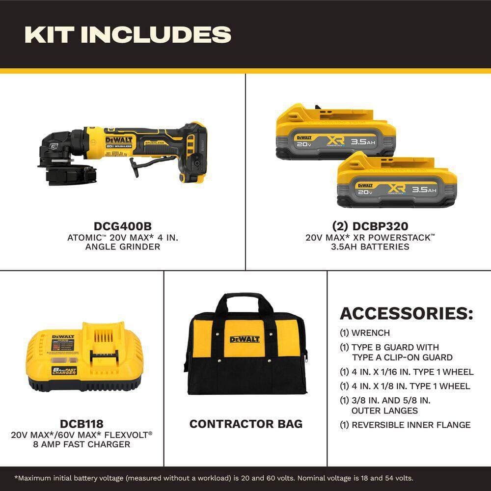 DEWALT ATOMIC 20V MAX Lithium-Ion Cordless 4 in. Angle Grinder Kit with 5 Ah, 4 Ah and (2) XR 3.5 Ah Batteries and (2) Chargers (2)