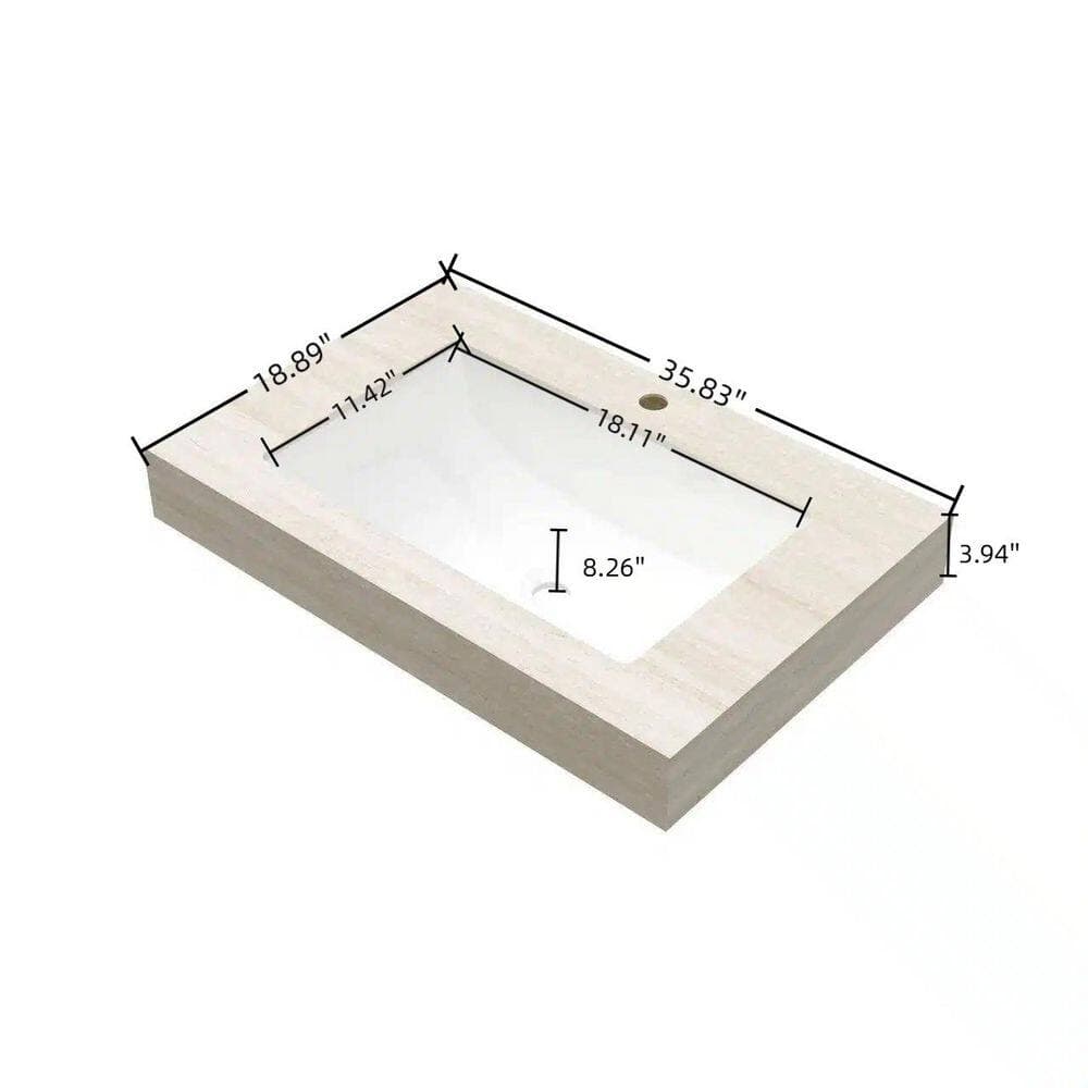 Unbranded 36 in. Undermount Bathroom Sink in Beige Travertine-Pattern Sintered Stone Countertop with Ceramic Basin (2)