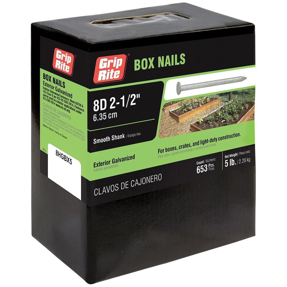 Grip-Rite 2-1/2 in. x 11-1/2-Gauge 8-penny Exterior Galvanized Smooth Shank Box Nails 5 lb. Box (1)