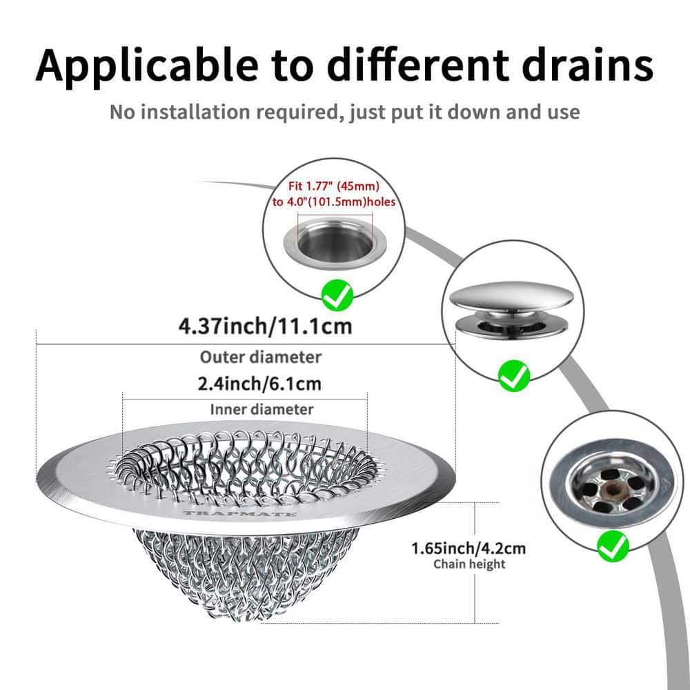 Wudkey 1-Piece Shower Drain Hair Catcher with Easy Clean Chain Mail and Anti-Slip Silicone Base in 304 Stainless Steel Finish (2)
