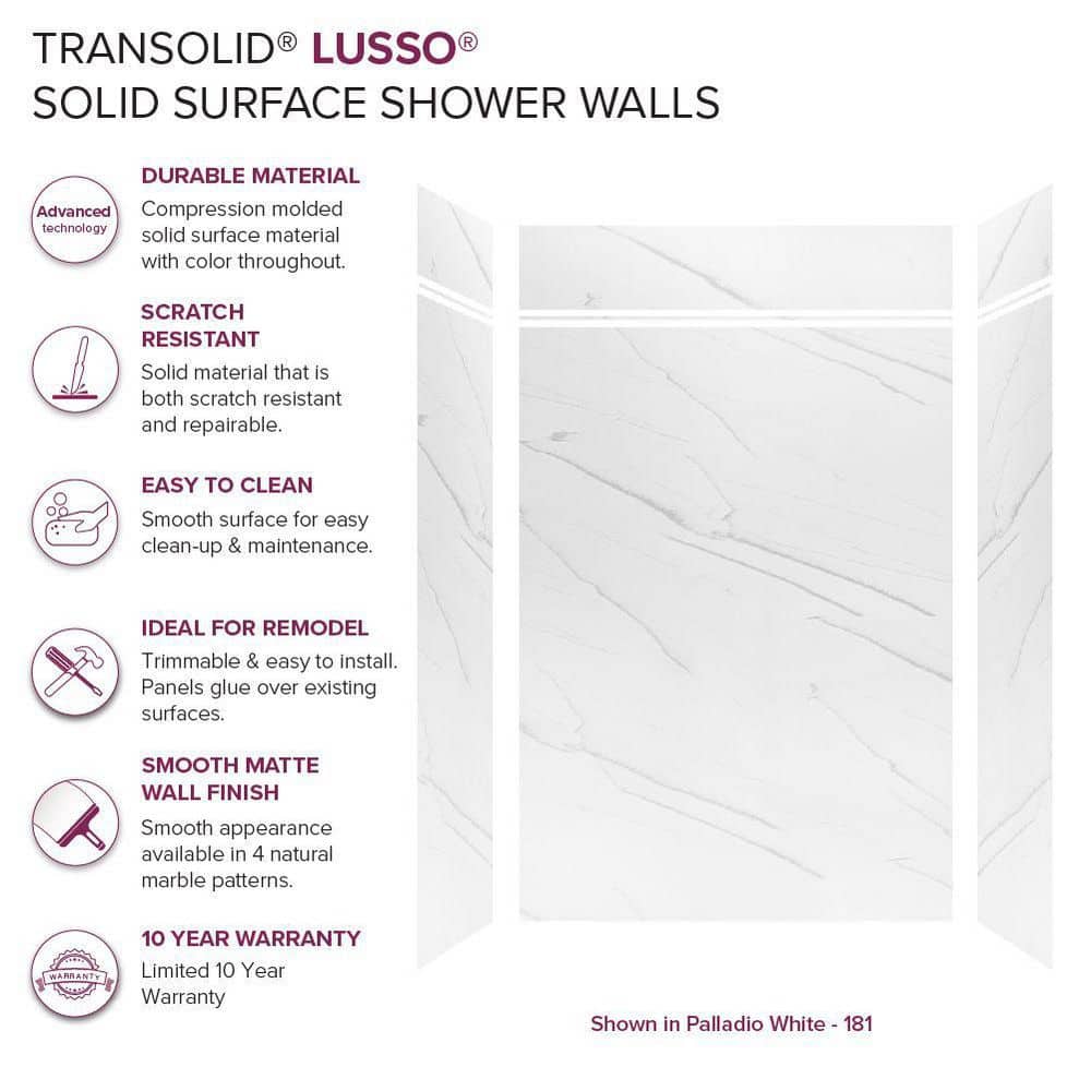 Transolid Lusso 60 in. x 36 in. x 96 in. 6-Piece Glue-Up Solid Surface Alcove Shower Wall Surround W/ Extension in Palladio White (3)