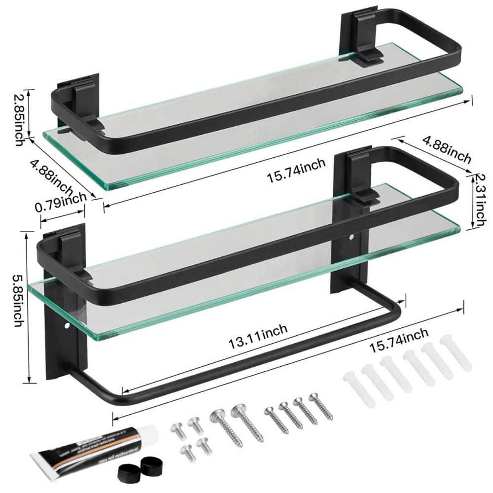 Numhew 2-Tier 15.7 in. W 5.85 in. H x 4.88 in. D Glass Rectangular Shelf in Black with Towel Bar, Rustproof Bathroom Organizer (2)