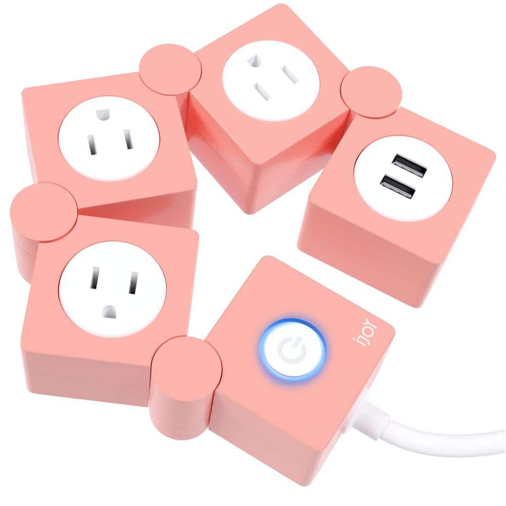 Lukyamzn 5 ft. Extension Cord 3-Outlet Flexible Power Strip Surge Protector, Pink with 2-USB Ports for Phone and Laptop Charging (1)