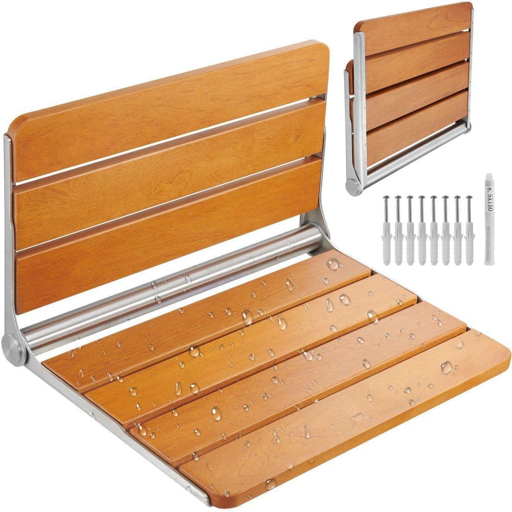 Tahanbath 20.9 in. W Foldable Teak Shower Bench, Wall-Mount Bathroom Walk in Shower Seat for Seniors in Brown (2)