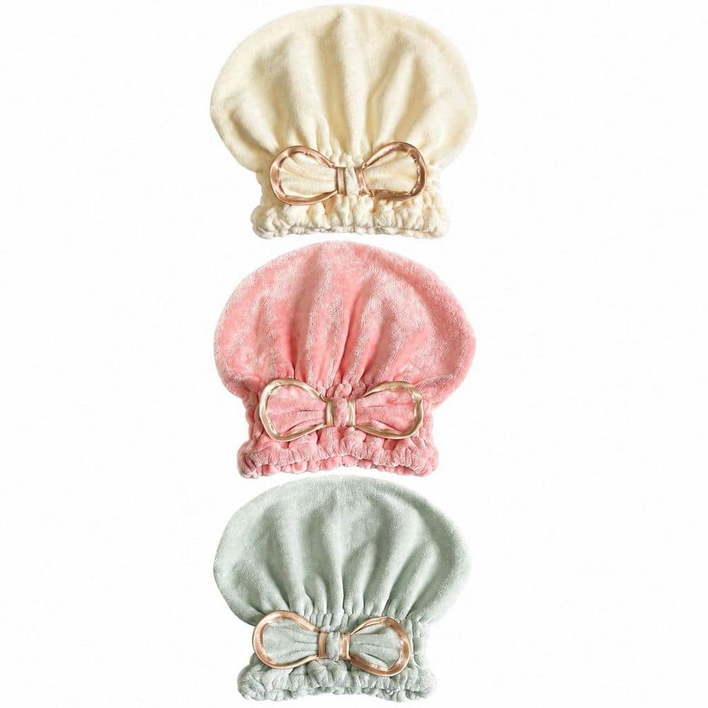 LAIFUCAM Pink Microfiber Hair Drying Towel Cap 3 Pack Super Absorbent Fast Dry Bow Design for Long Curly Wet Hair