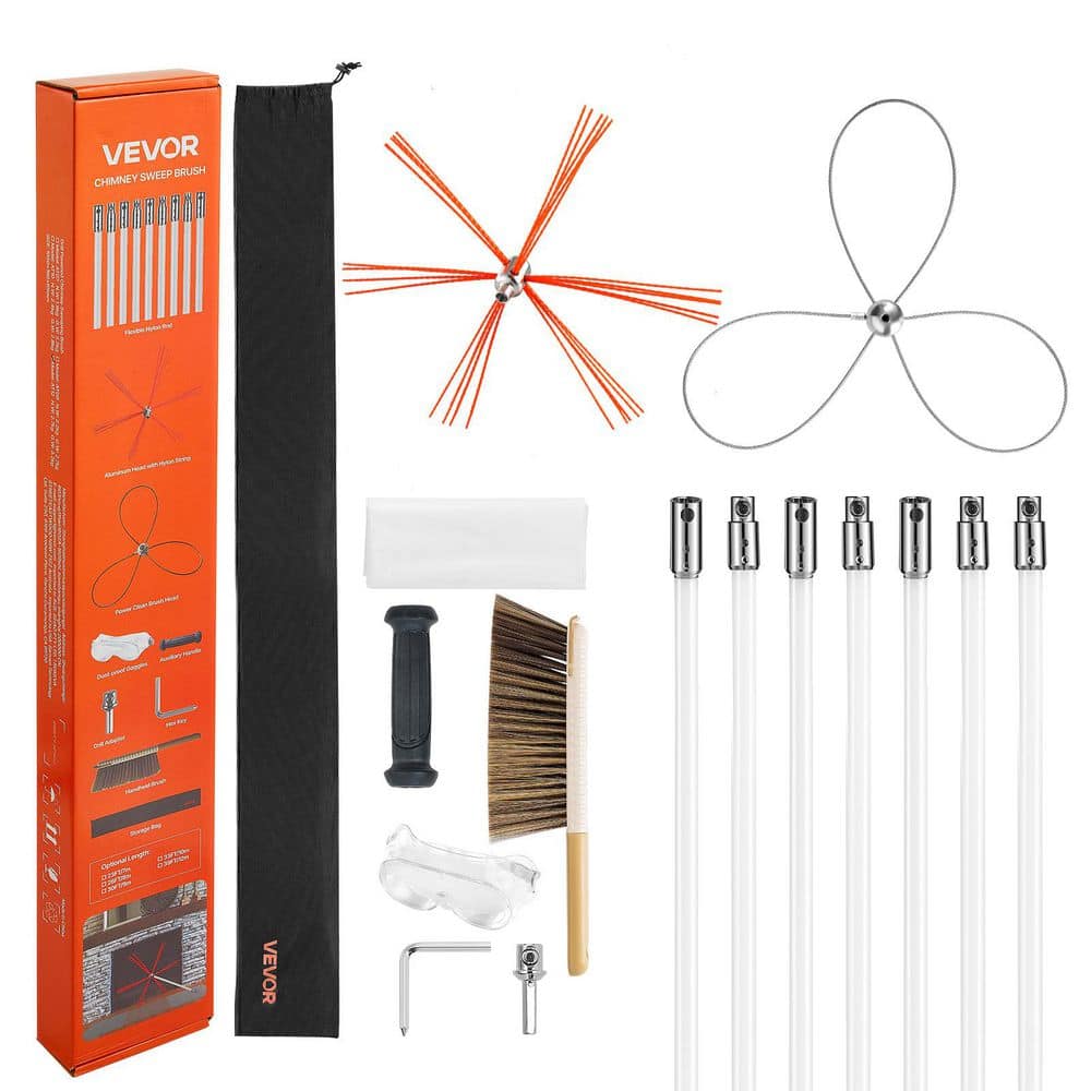 VEVOR Chimney Sweep Kit, 23 ft. Max Extendable Length Chimney Brush, Chimney Cleaner Sweeper w/ Dual Brush Heads/Brush/Goggles (1)