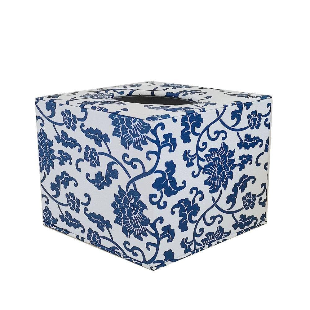 Unbranded Flower Pattern Faux Leather Tissue Box Cover, Square Blue White Porcelain, 5.32L x 5.32W x 5.51H tall (3)