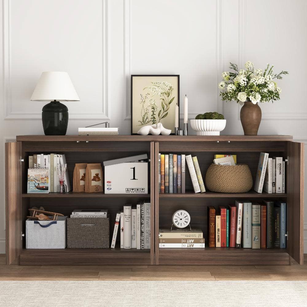 COWLOWN 62.6 in. W x 15.6 in. D x 29.5 in. H Brown Linen Cabinet with 4 Doors (3)