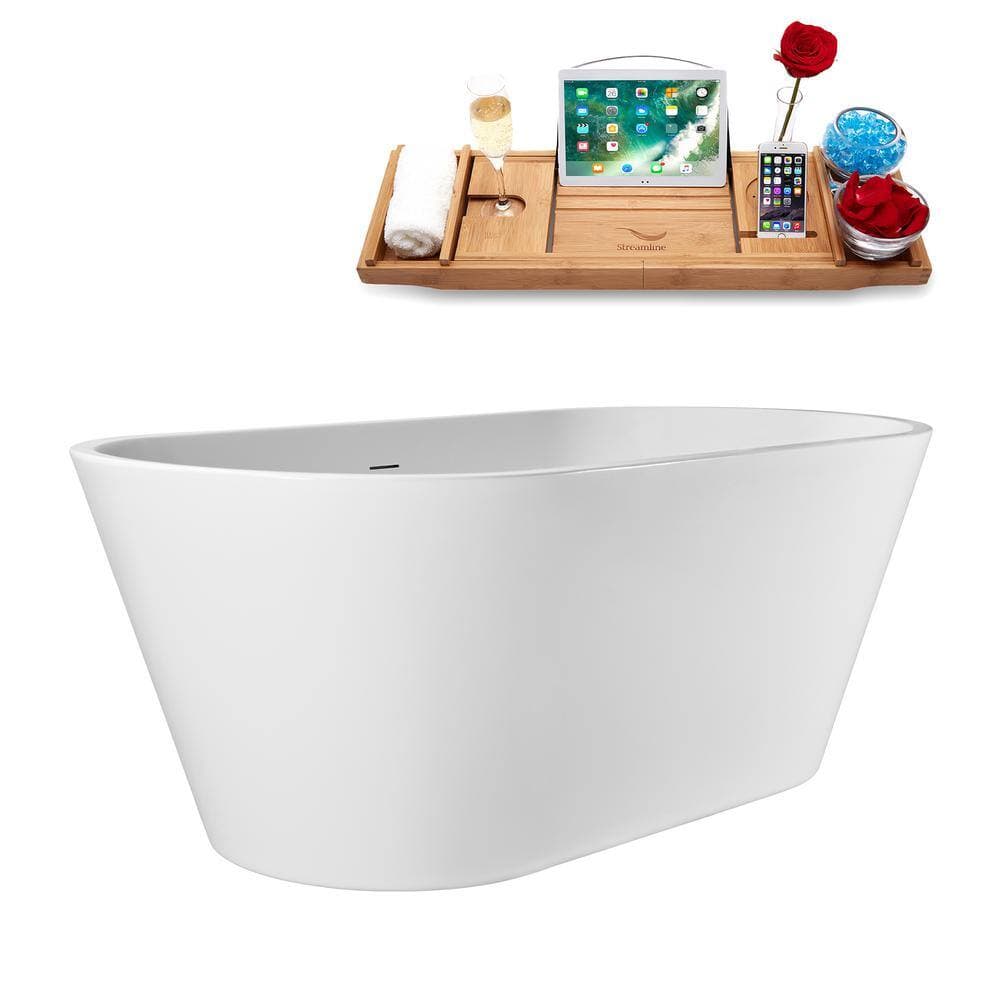 Streamline 63 in. x 30 in. Acrylic Freestanding Soaking Bathtub in Glossy White with Matte Black Drain, Bamboo Tray (2)
