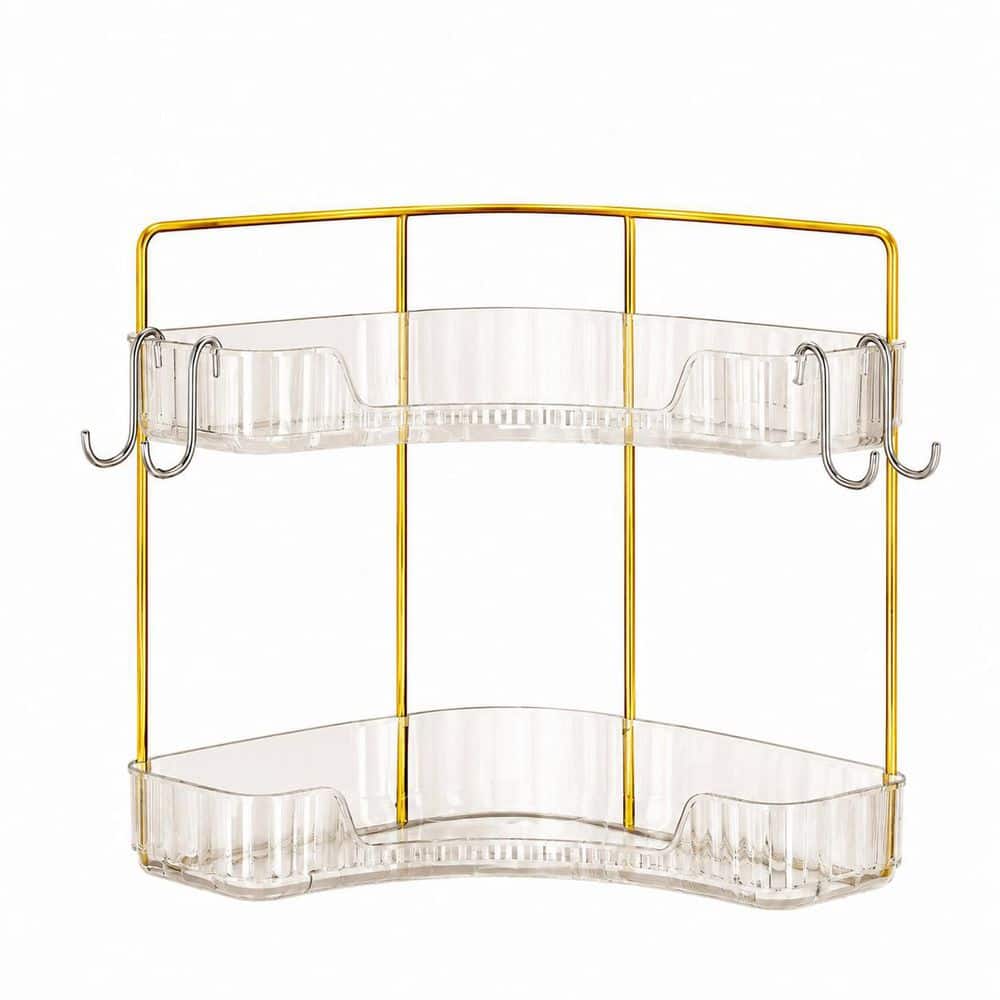 KHKFY 2-Tier Corner Bathroom Counter Organizer with Hooks 13.6 x 11.6 in. Vanity Storage for Skincare and Makeup (1)