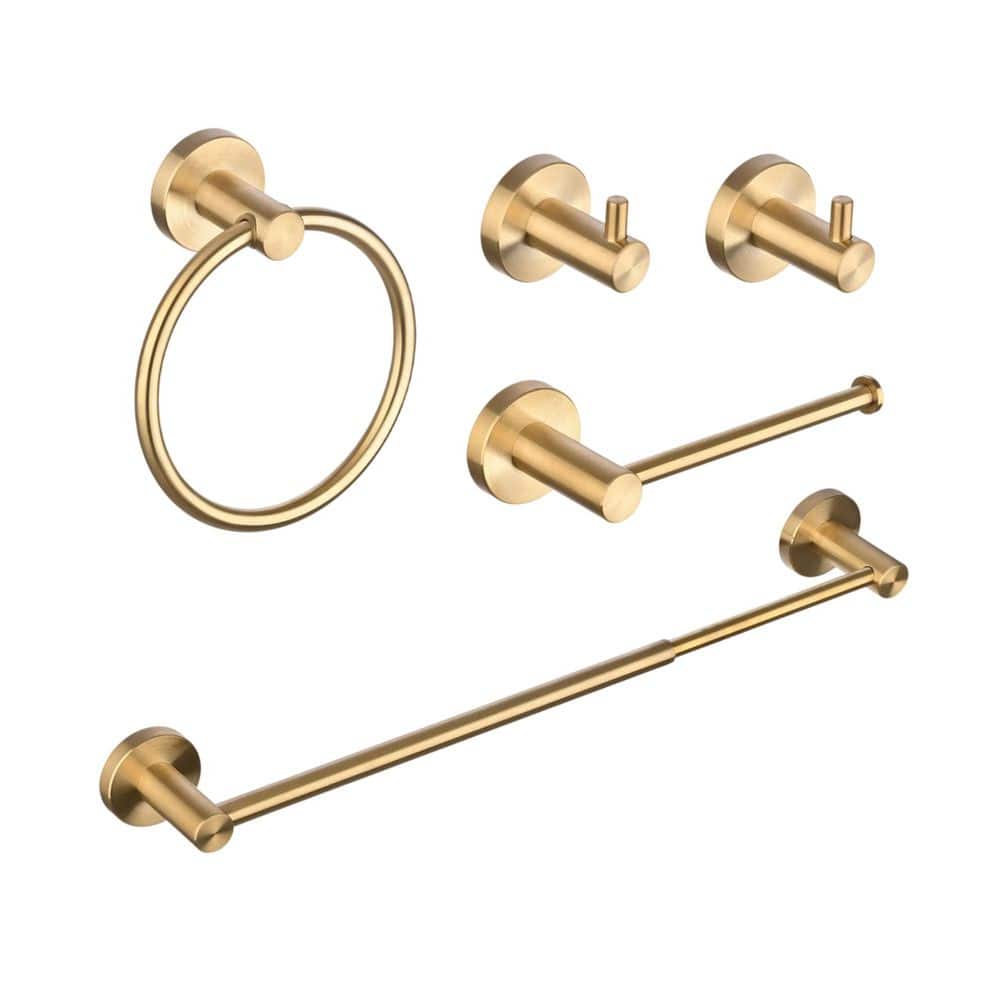 Anqtovp 5-Piece Bathroom Accessories Set with Adjustable Towel Bar, Toilet Paper Holder, Towel Ring, 2-Hooks in Brushed Gold (1)