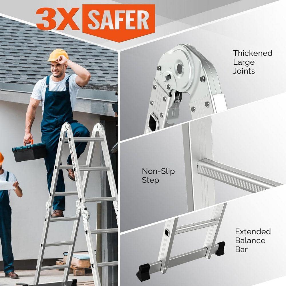 KIWDZFU 12.5 ft. 7 in. 1-Aluminum Extension Ladder with Heavy Duty Combination in Silver (3)