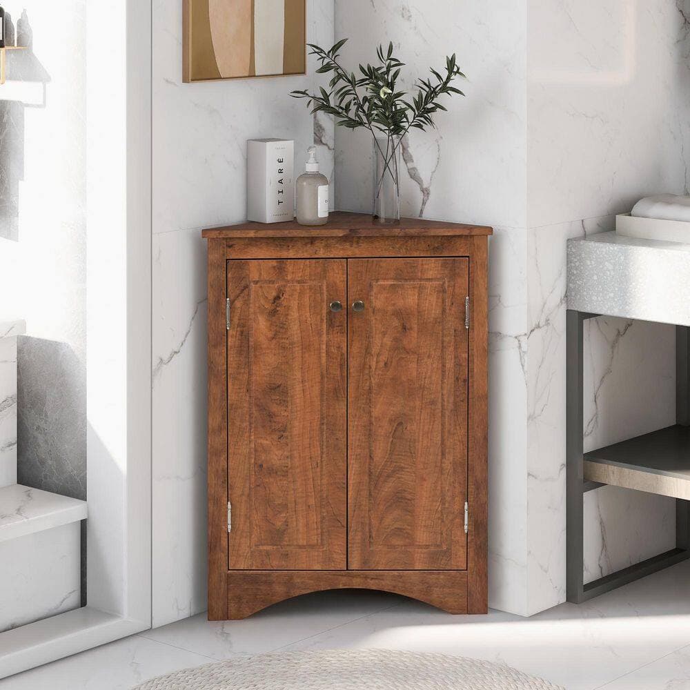 YSQCAR 23.6 in. W x 17.2 in. D x 31.5 in. H Brown MDF Freestanding Triangle Linen Cabinet with Door, Adjustable Shelf (2)