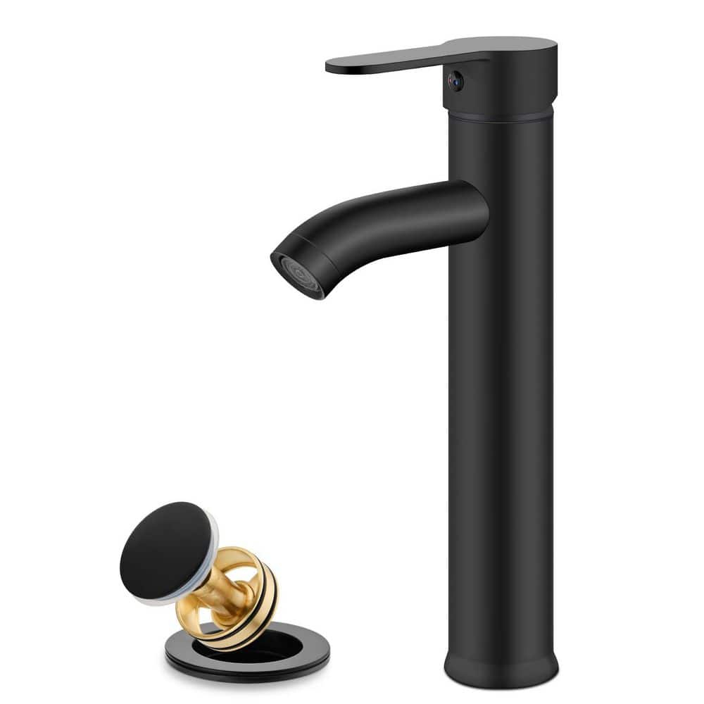 Wudkey 2-Piece Bathroom Accessory Set in Matte Black, Vessel Sink Faucet with Supply Lines and Metal Pop Up Drain (1)