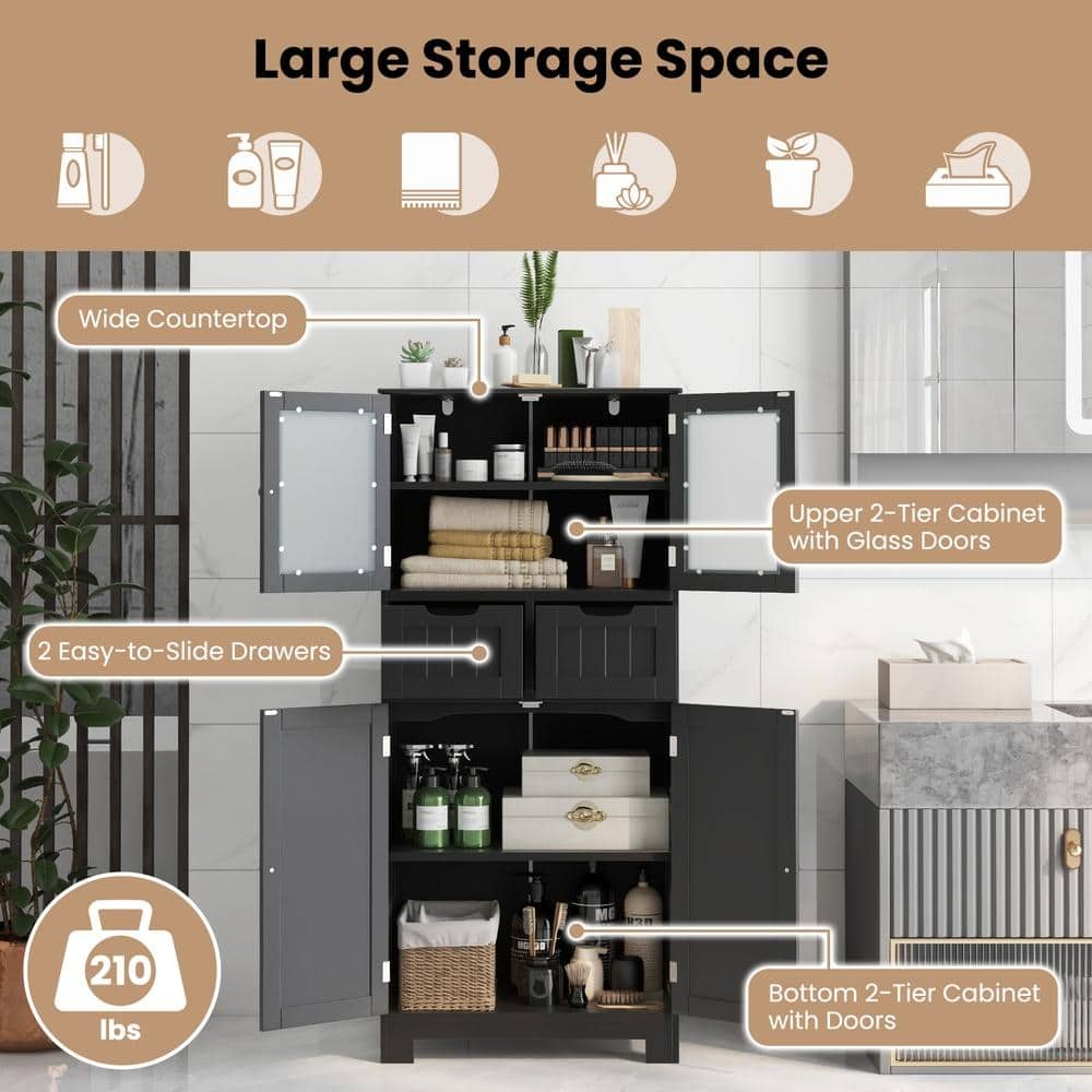 HONGGE Freestanding 4-Door Storage Cabinet with 2 Drawers Tempered Glass Doors 3-Position Shelves Anti-Toppling (3)