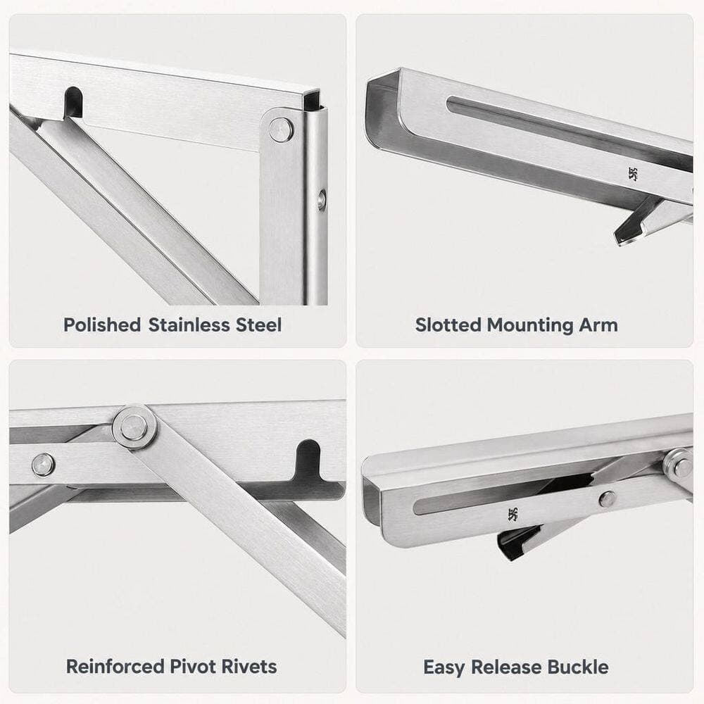 Numhew 2-Pcs 10 in. x 1 in. x 4.7 in. 300 lb. Stainless Steel Folding Wall Mounted Shelf Bracket in Silver for Space Saving DIY (3)