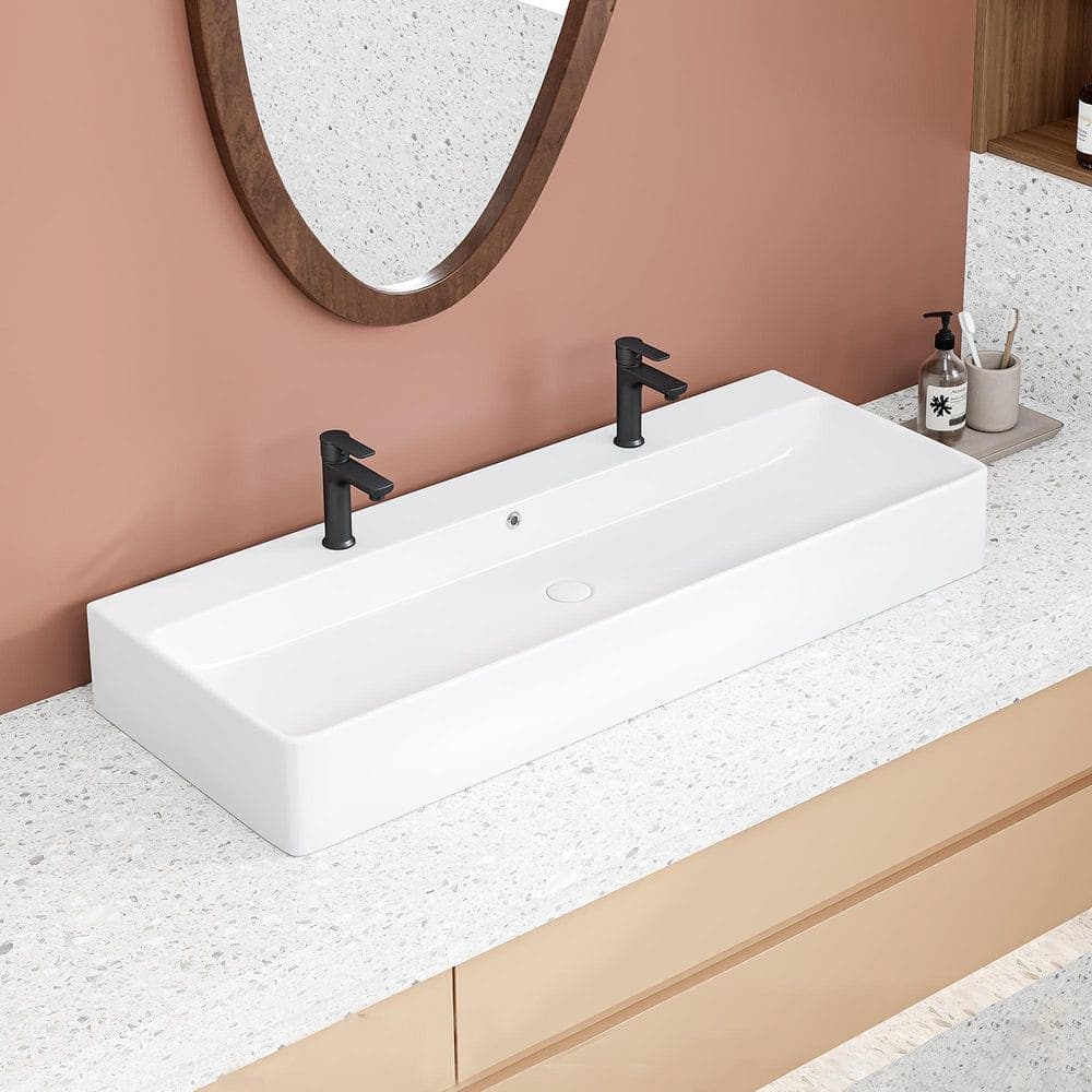 Eridanus Turner 44 in. White Vitreous China Rectangular Wall-Mount Bathroom Trough Vessel Sink w/ Double Faucet Hole and Overflow (1)