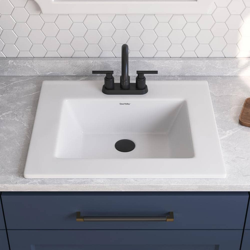 DEERVALLEY 21 in. x 18 in. Drop-in Bathroom Sink in White Fireclay with 4 in. Centerset Faucet Holes and Overflow Drain