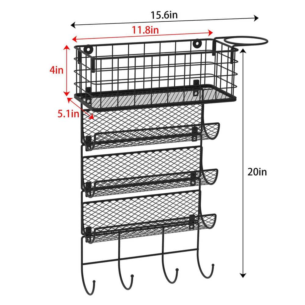 Anqtovp Wall Mounted Hair Tool 4-Shelf Organizer with Basket and Hooks for Bathroom Cabinet Door Storage in Black Finish (2)