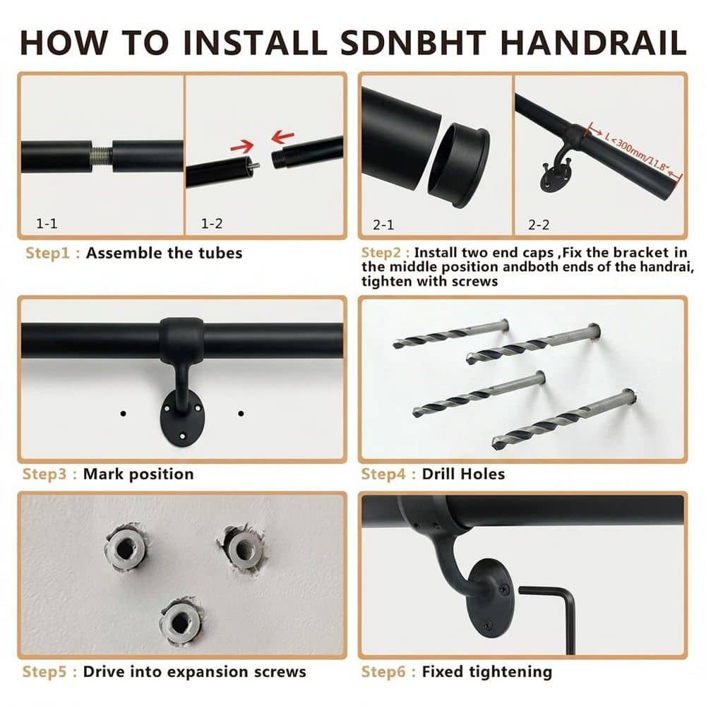 Unbranded 6.6 ft Aluminum Handrail for Cable Railing System Indoor Outdoor Wall Mounted Black Non-Slip Stair Handrail 1 Pack (2)