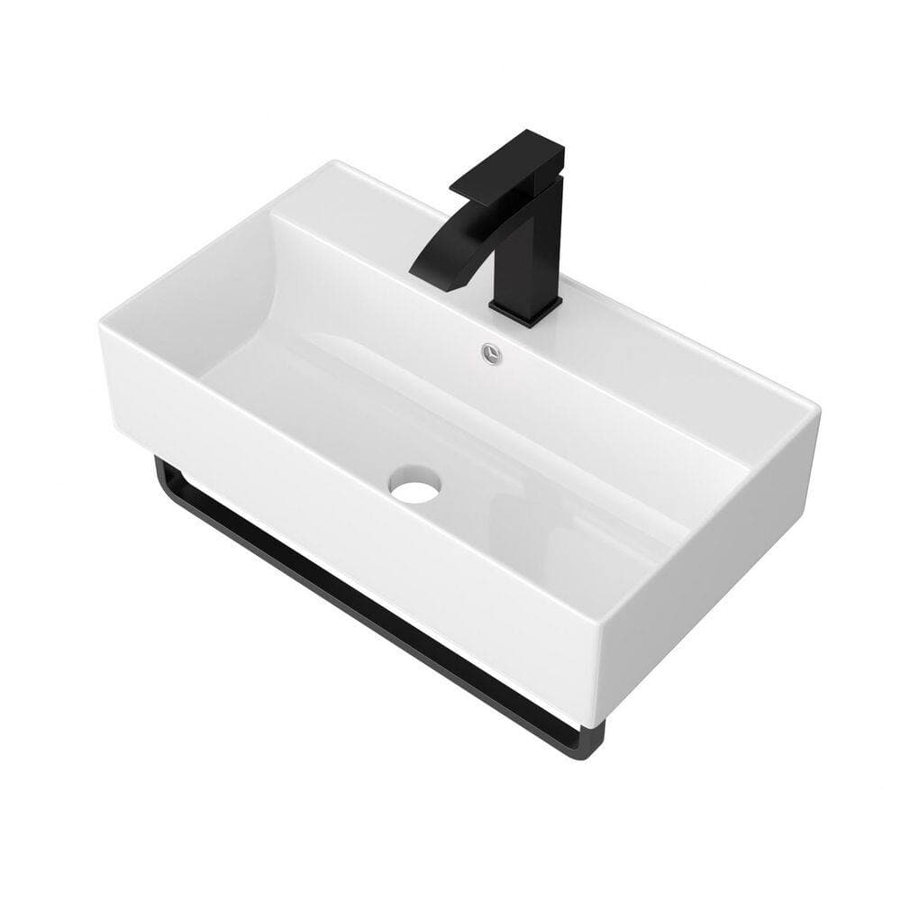 cadeninc 21 in. x 12 in. White Ceramic Rectangular Wall Mounted Bathroom Sink with Overflow, Black Towel Bar and Black Faucet (3)