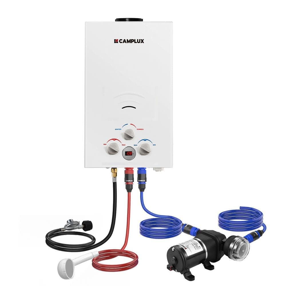 CAMPLUX 2.64 GPM 68,000 BTU Outdoor Propane Tankless Water Heater with LED Display and 3.3 GPM Water Pump Set (1)
