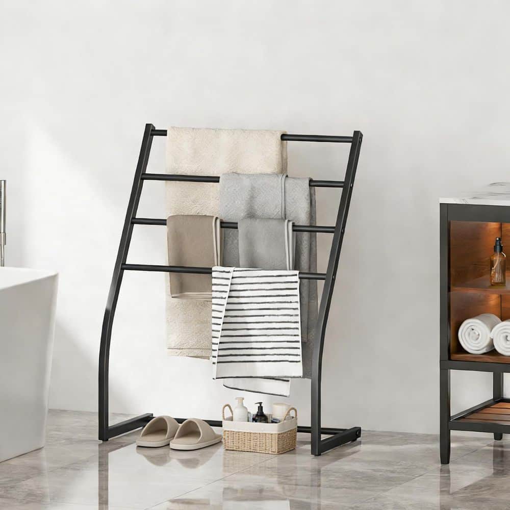 Wudkey 4 Tier Wide Towel Dryer Rack in Black, Free Standing Towel Rack, Metal Towel Bar Stand for Oversized Bath Towel (3)