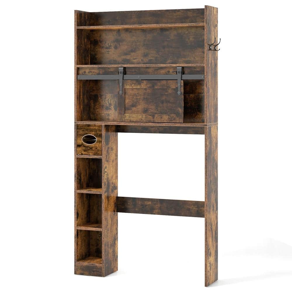 HONGGE Over-the-Toilet Storage Cabinet with Sliding Barn Door 3-Tier Adjustable Shelves and Hooks (1)