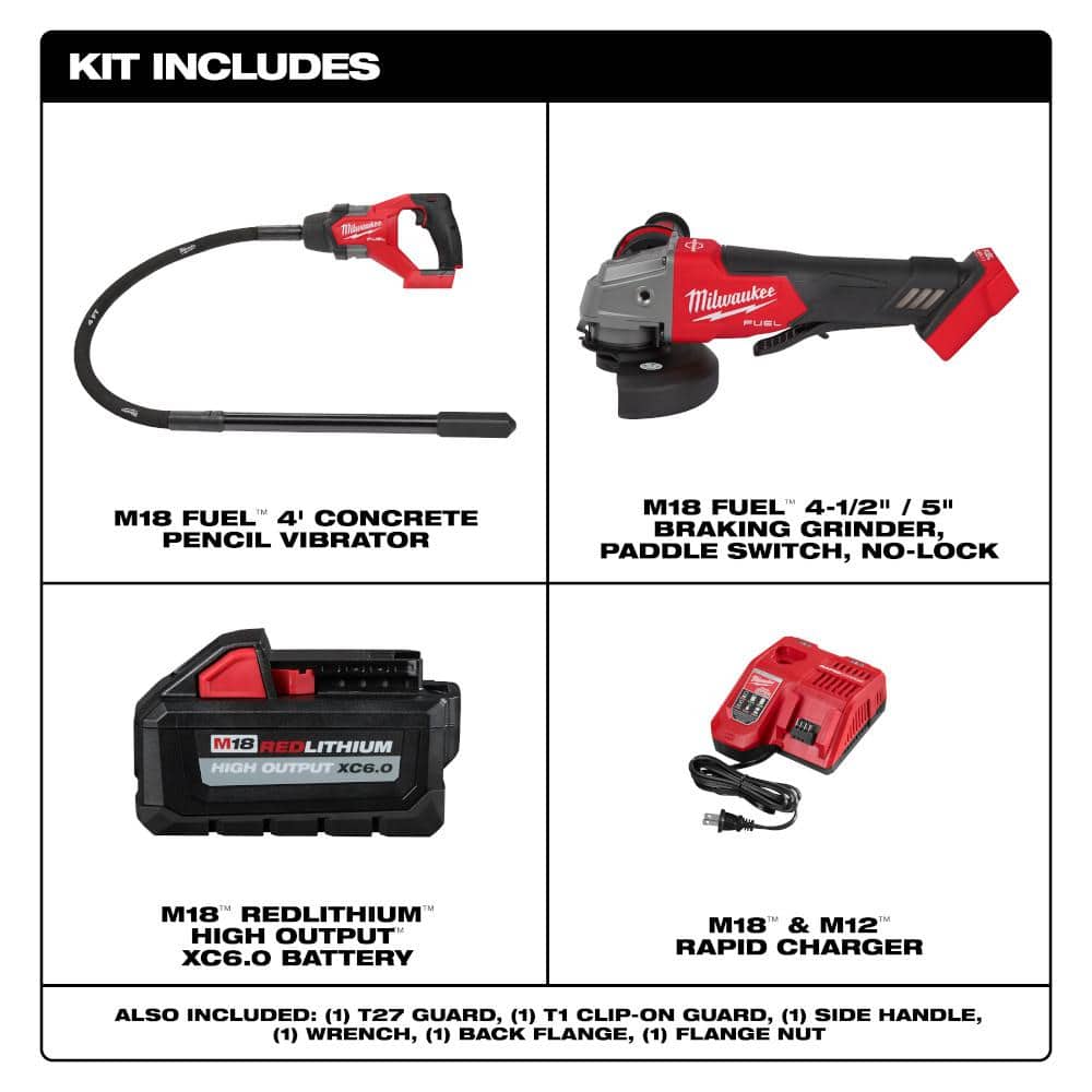 Milwaukee M18 FUEL 18V Lithium-Ion Brushless Cordless 4 ft. Concrete Pencil Vibrator Kit with 6.0 Ah Battery & M18 FUEL Grinder (2)