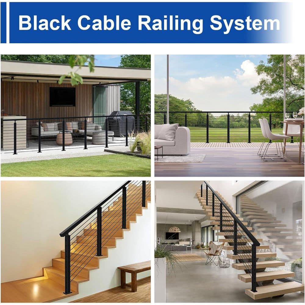 KIWDZFU 1.18 in. H x 2.36 in. W Black Stainless Steel 4 ft. Cable Railing Handrail, Flat Top, Nylon End Caps, Stair Railing Kit (2)