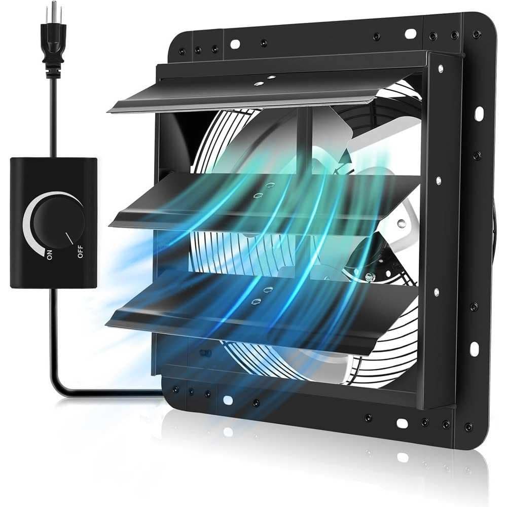 KIWDZFU 1130CFM 12 in. Aluminum Electric Powered Shutter Exhaust Fan with Speed Controller, Automatic Shutter, High Speed, Black