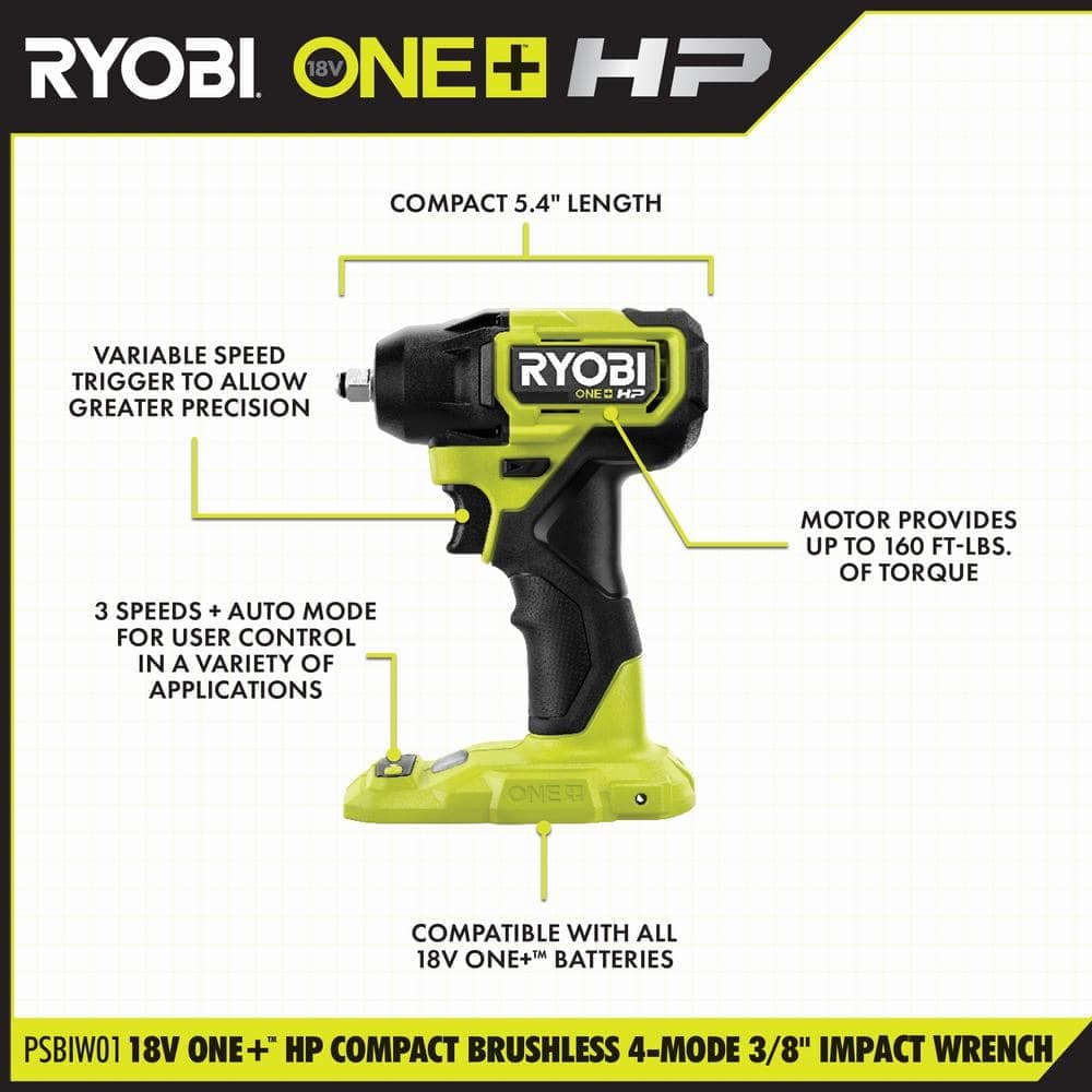 RYOBI ONE+ HP 18V Brushless Cordless Compact 3/8 in. Impact Wrench (Tool Only) (3)