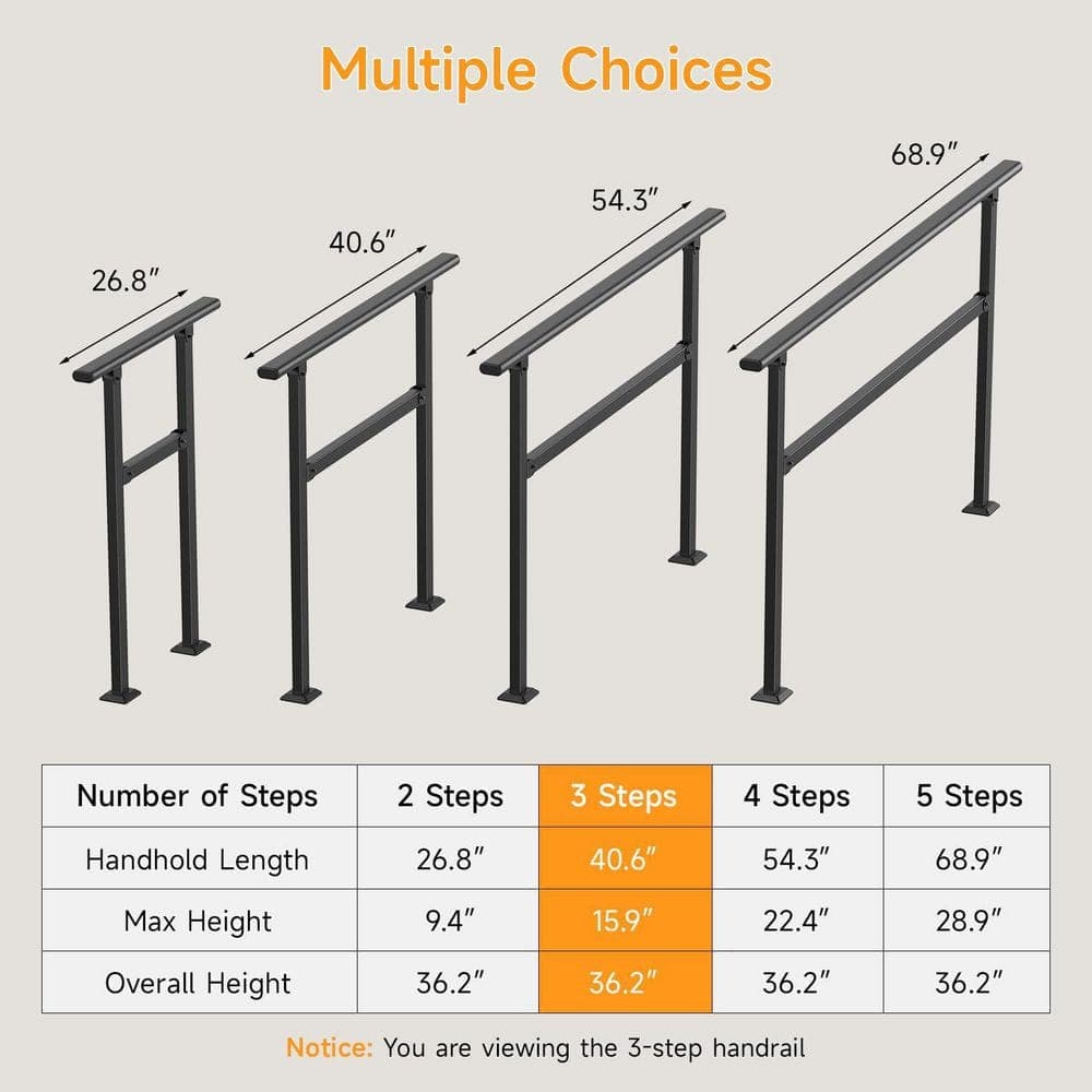 Unbranded 3 Steps Black Wrought Iron Handrail for Outdoor Porch Stairs, Matte Stair Railing for Concrete, Wood, Brick (3)