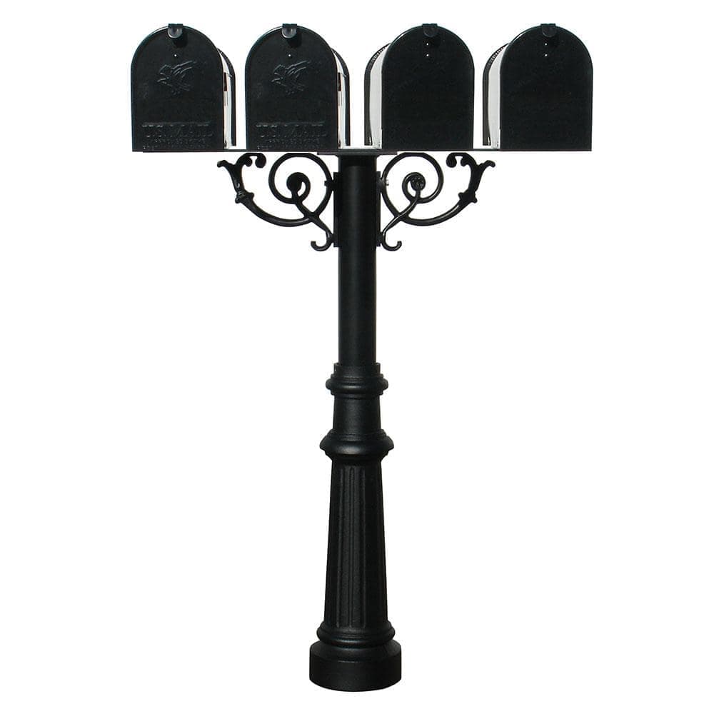 QualArc Hanford Quad Black Post Mounted System Non-Locking Mailbox with Scroll Supports, Fluted Base and 4 E1 Mailboxes