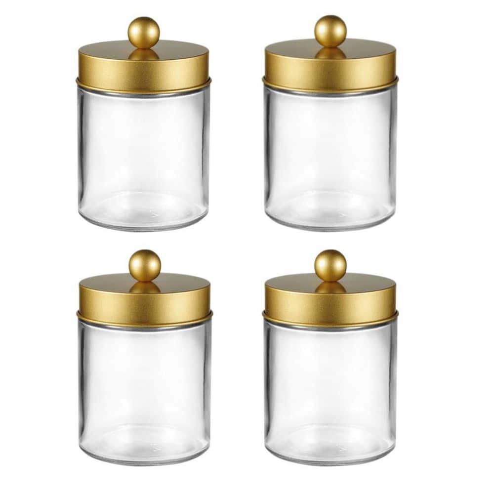 Wudkey 4-Piece Apothecary Jar Set with Lids in Gold, Bath Accessory Set with Stainless Steel Lids and Stickers (1)