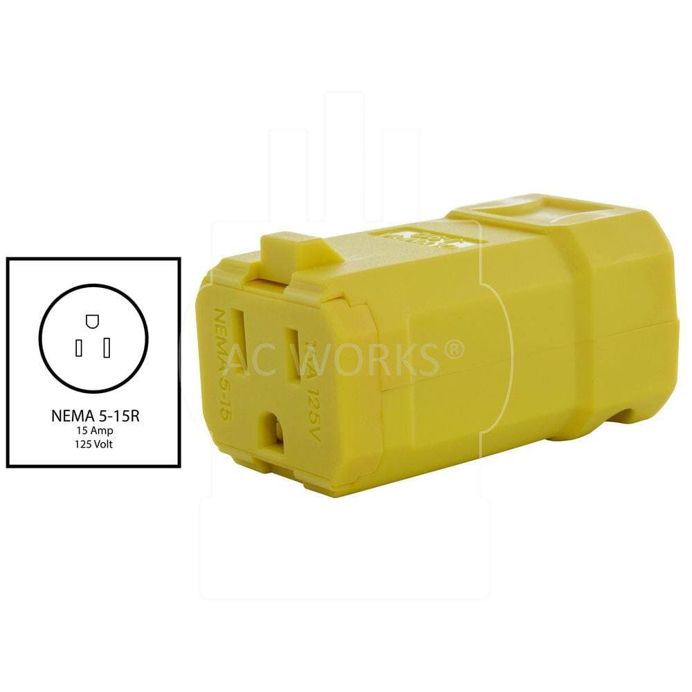 AC WORKS NEMA 5-15R 15A 125V Clamp Style Square Household Female Connector in Yellow with UL, C-UL Approval (2)