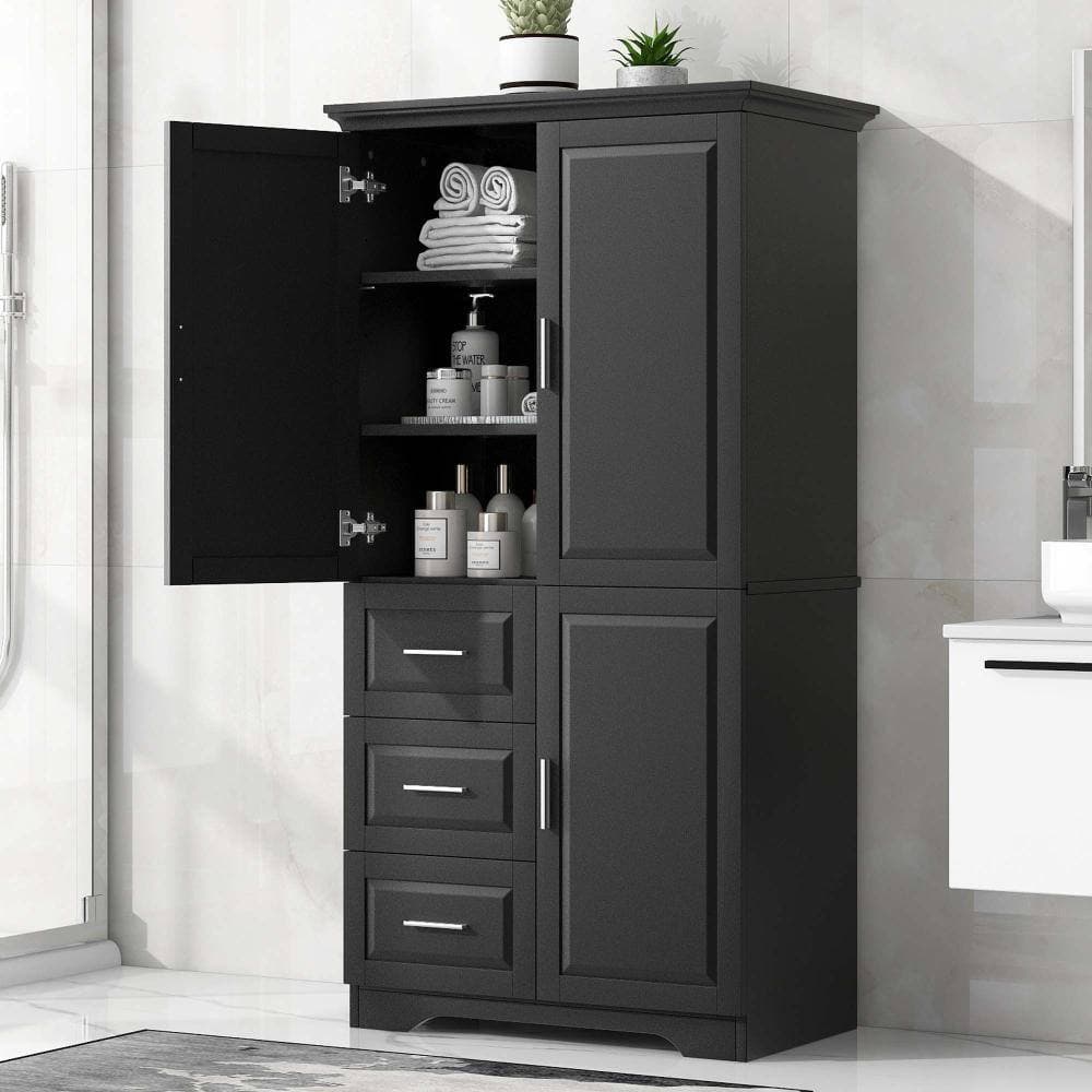 XUJMK 33 in W x 20 in D x 62 in H Linen Cabinet, Pantry Storage Cabinet in Black with Doors for Bathroom, Office, 3 Drawers (3)