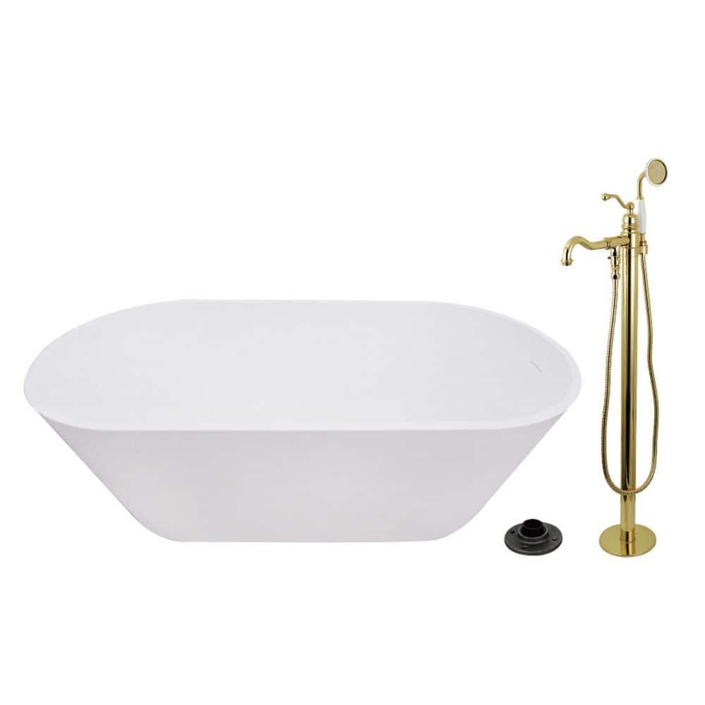 Kingston Brass Arcticstone 66.9 in. x 31.5 in. Surface White Stone Flatbottom Soaking Freestanding Bathtub in White/Polished Brass (1)