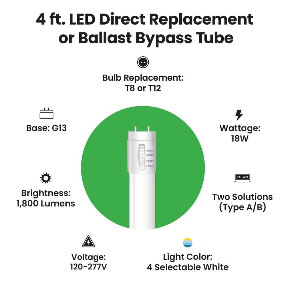 Feit Electric 18-Watt 4 ft. G13 Type AB T8 Plug and Play Or T8/T12 Ballast Bypass Linear LED Tube Light Bulb Selectable White(10-Pack) (3)