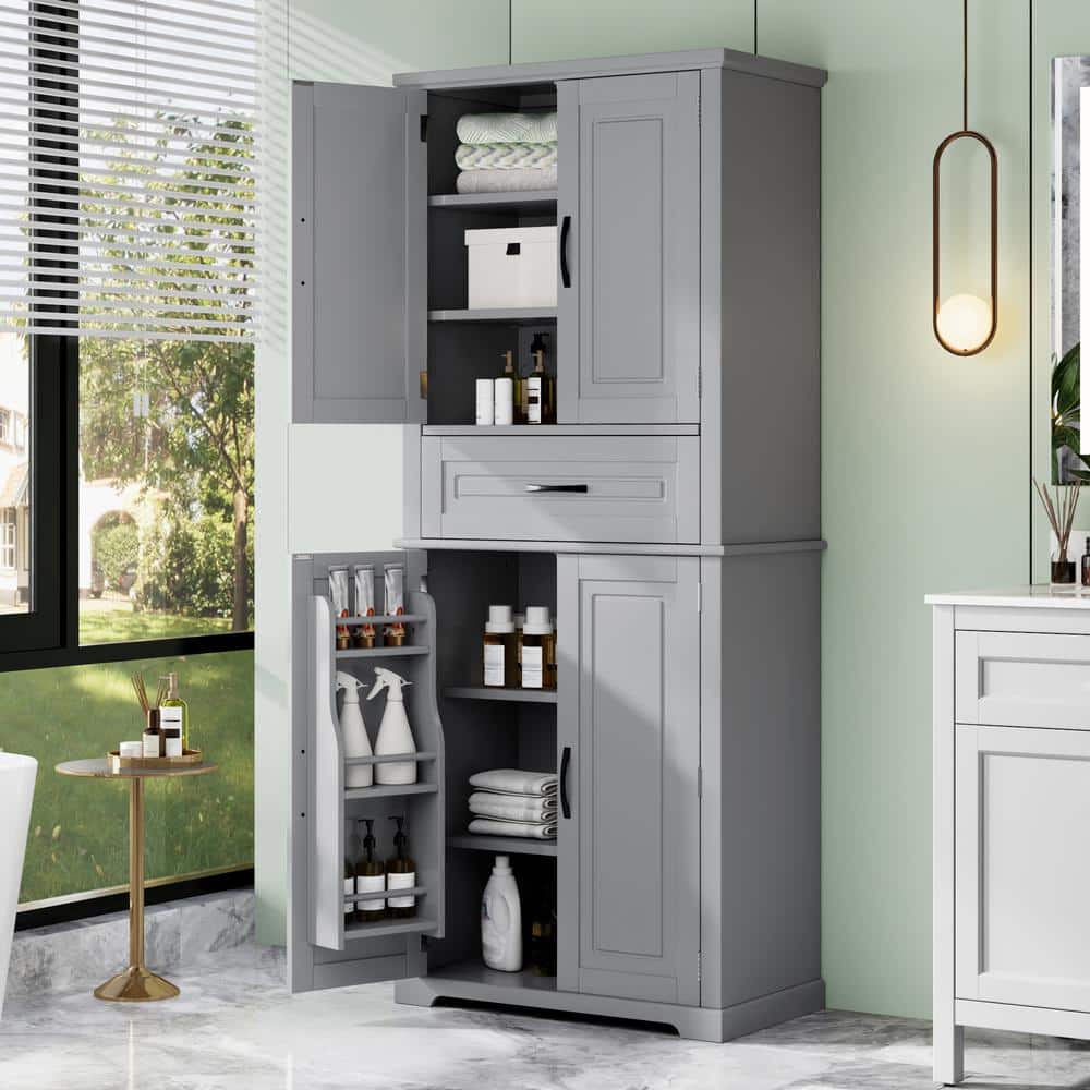 Lycvki 30 in. W x 15.7 in. D x 72 in. H Gray Linen Cabinet with Doors, Slide Rails Drawer and Adjustable Shelves for Bathroom (2)