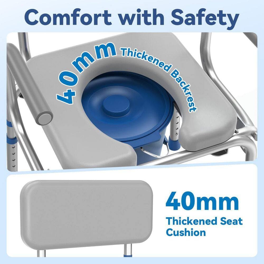 Numhew Drop Arm Bedside Commode with Padded Seat and Backrest, 5.81 qt. Removable Bucket, 500 lb. Capacity Toilet Seat in Gray (3)