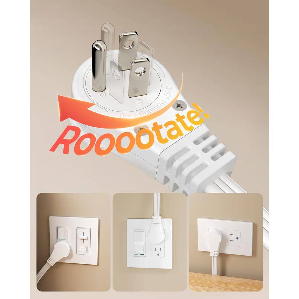 Unbranded 6 ft. 16 AWG 3-Conductor SPT-3 Indoor Extension Cord with 360° Rotating Flat Plug Tri-Tap Lighted End White (3)