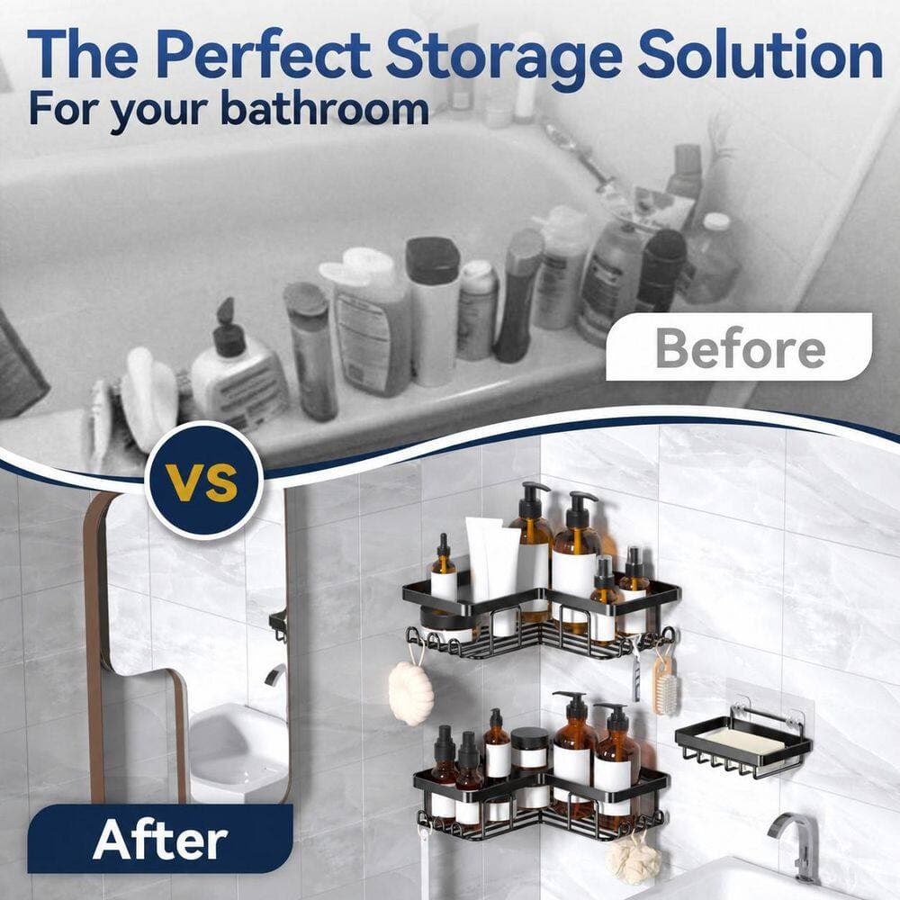 Anqtovp Wall Mounted Adhesive L-Shaped Rustproof Stainless Steel Shower Caddy with 12 Hooks and Soap Holder in Black (3)