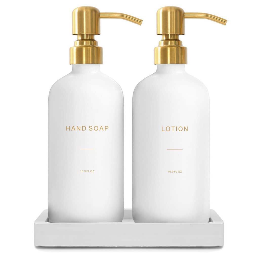 Wudkey Gold and White Glass Soap Dispenser and Lotion Set with Stainless Steel Pump, Perfect for Modern Bathroom Decor