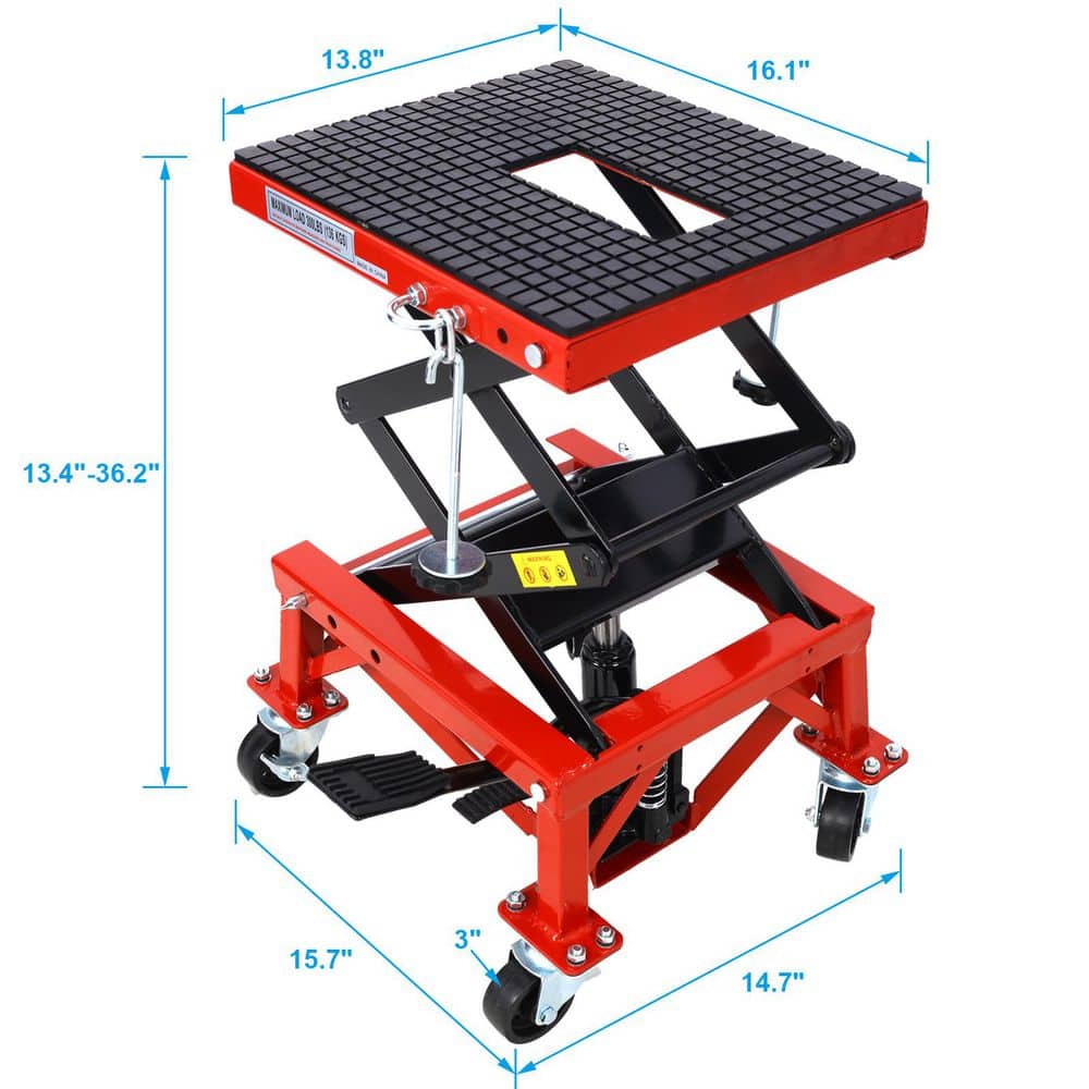 maocao hoom 300 lbs. Hydraulic Motorcycle Scissor Jack Lift Foot Step Wheels for Small Dirt Bikes, Red Color Jack Post (2)